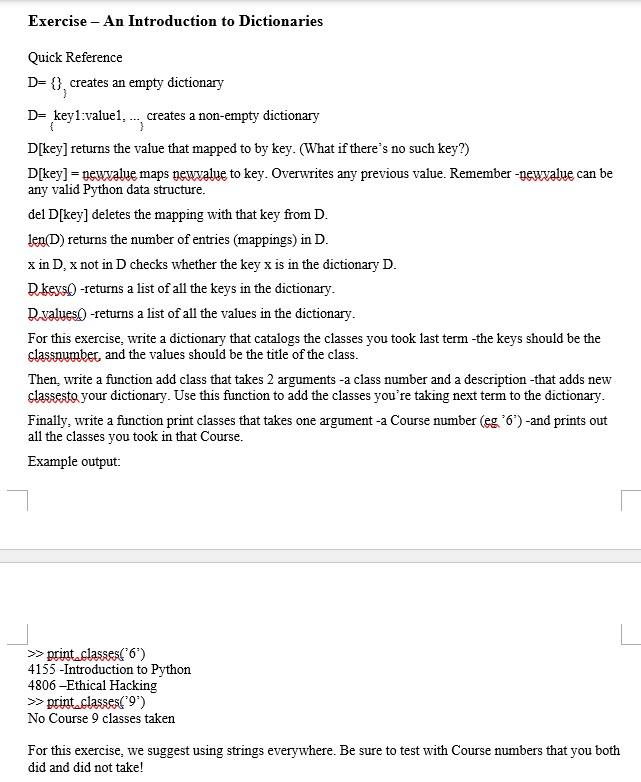 Solved Exercise - An Introduction to Dictionaries Quick | Chegg.com