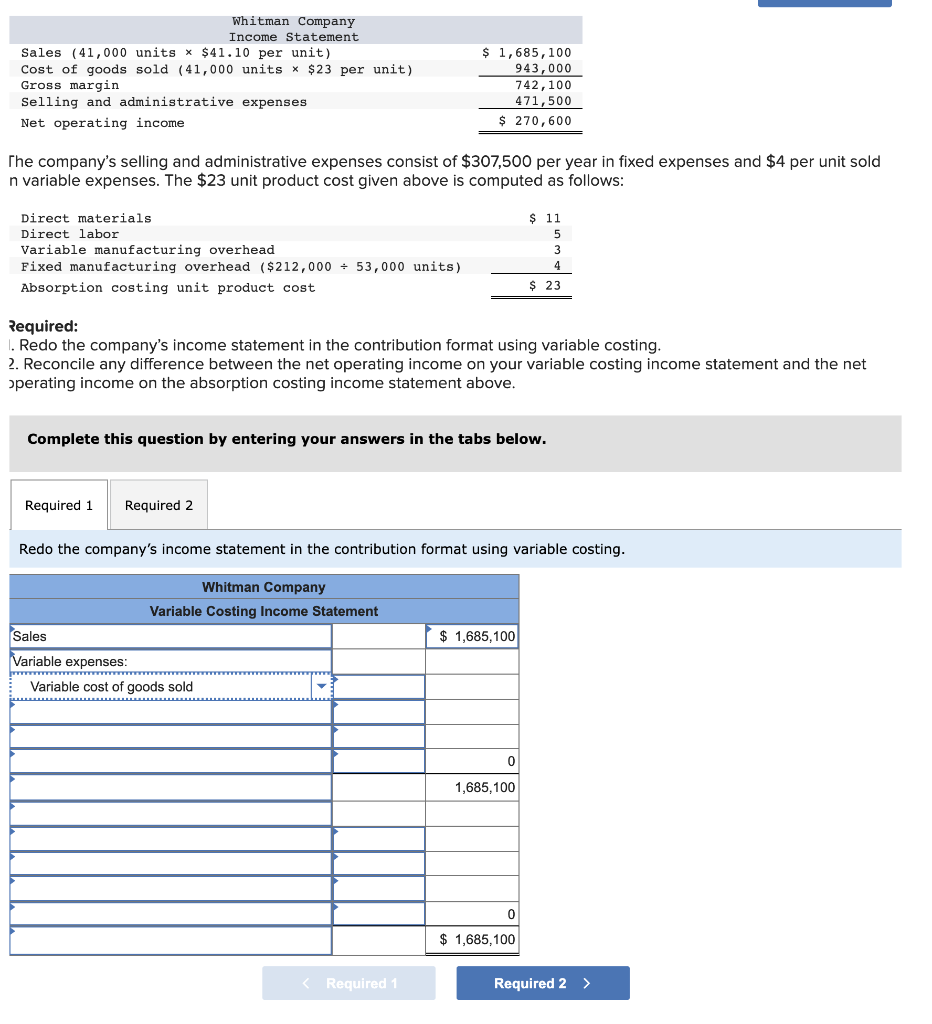 Solved Whitman Company Income Statement Sales (41,000 units | Chegg.com