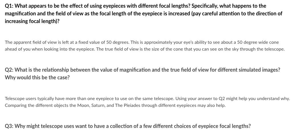 Solved Q1: What appears to be the effect of using eyepieces | Chegg.com