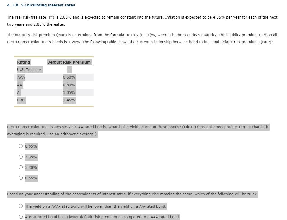 Solved 4. Ch. 5 Calculating Interest Rates The Real | Chegg.com