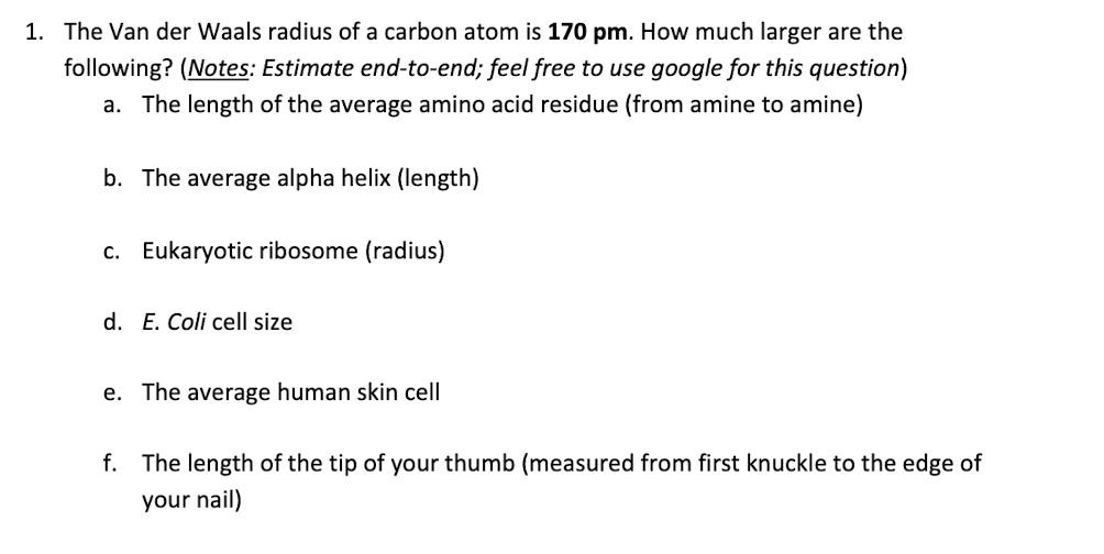 Solved 1 The Van Der Waals Radius Of A Carbon Atom Is 170 Chegg