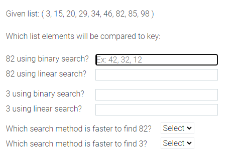 Solved Given list: (3, 15, 20, 29, 34, 46, 82, 85, 98) Which | Chegg.com