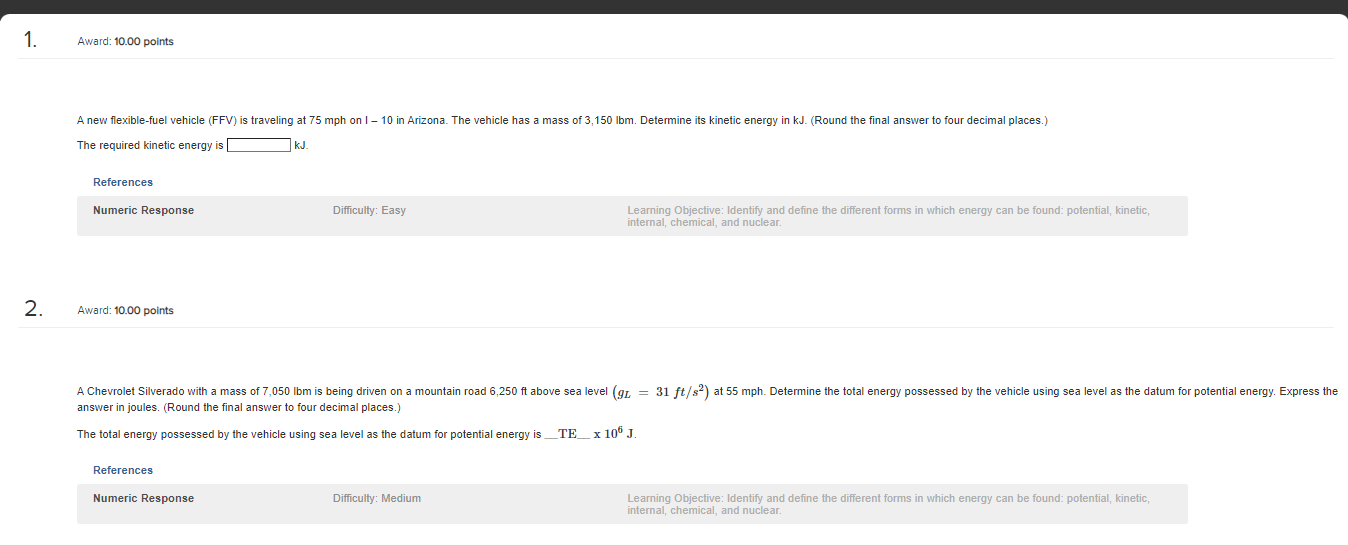 Solved The required kinetic energy is kJ References Numeric | Chegg.com