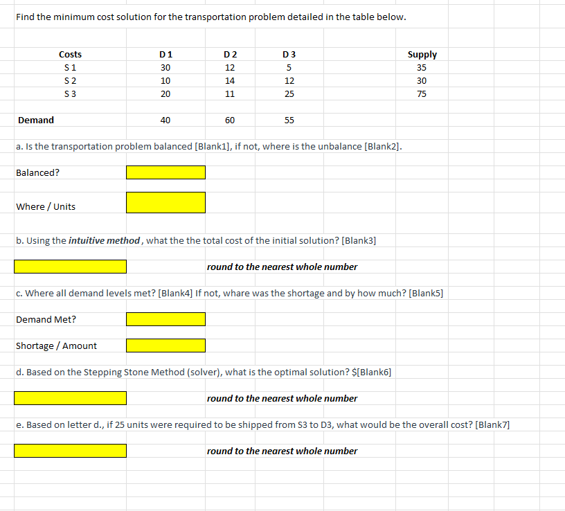 Solved by an EXPERT Find the minimum cost solution for the ...