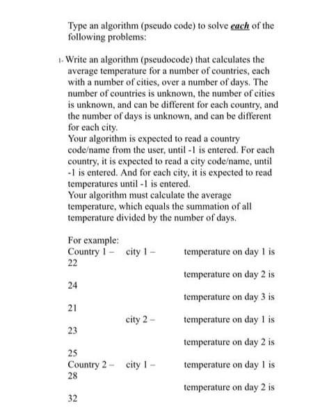 Solved Type an algorithm (pseudo code) to solve each of the | Chegg.com
