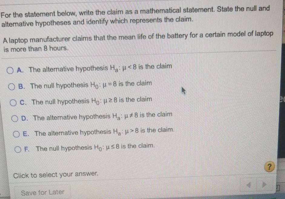 Solved For the statement below, write the claim as a | Chegg.com