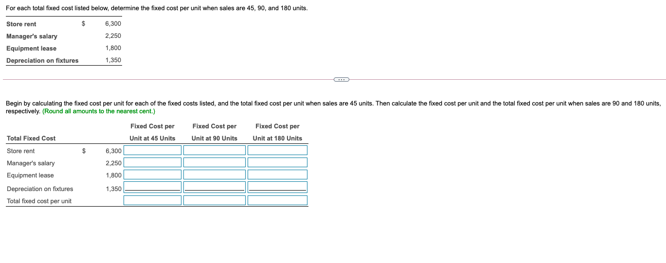 Solved For each total fixed cost listed below, determine the