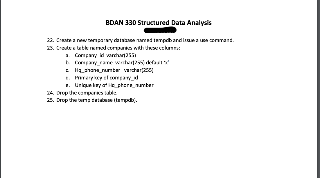 BDAN 330 Structured Data Analysis This final exam is | Chegg.com