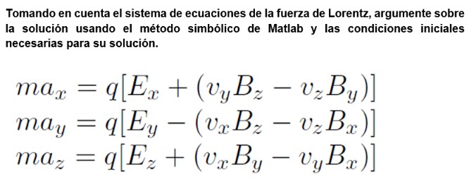 Tomando en cuenta el sistema de ecuaciones de la fuerza de Lorentz, argumente sobre la solución usando el método simbólico de