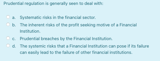 Solved Prudential regulation is generally seen to deal with: | Chegg.com