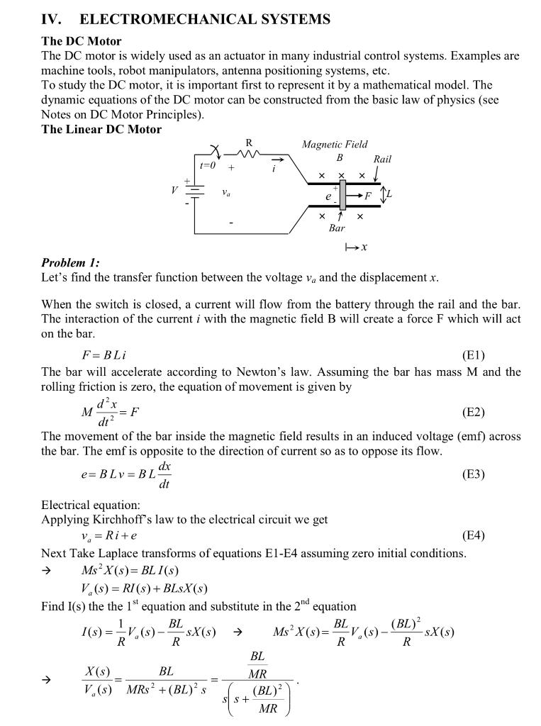 Solved IV. ELECTROMECHANICAL SYSTEMS The DC Motor The DC | Chegg.com