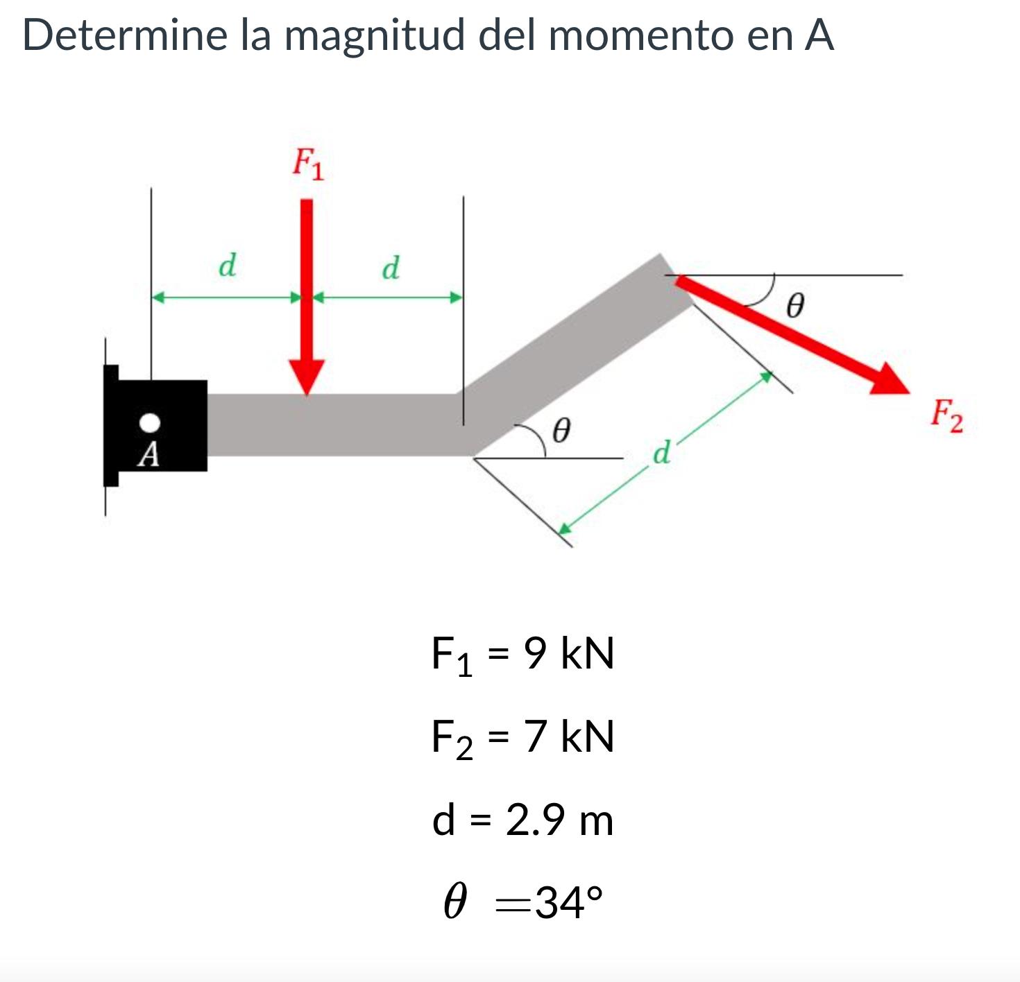 Determine la magnitud del momento en \( \mathrm{A} \) \[ \begin{array}{c} \mathrm{F}_{1}=9 \mathrm{kN} \\ \mathrm{F}_{2}=7 \m