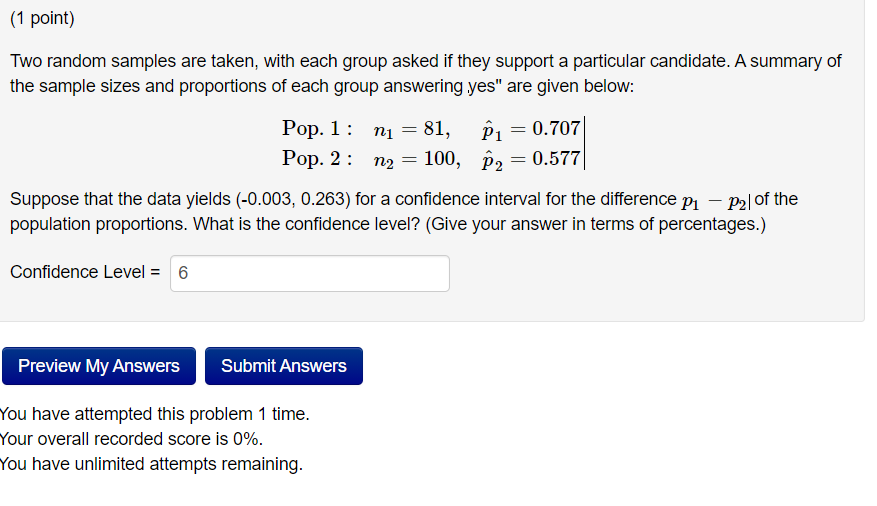 Solved (1 point) Two random samples are taken, with each | Chegg.com