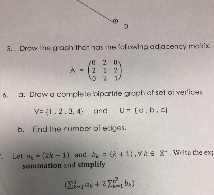 Solved 5.. Draw the graph that has the following adjacency | Chegg.com