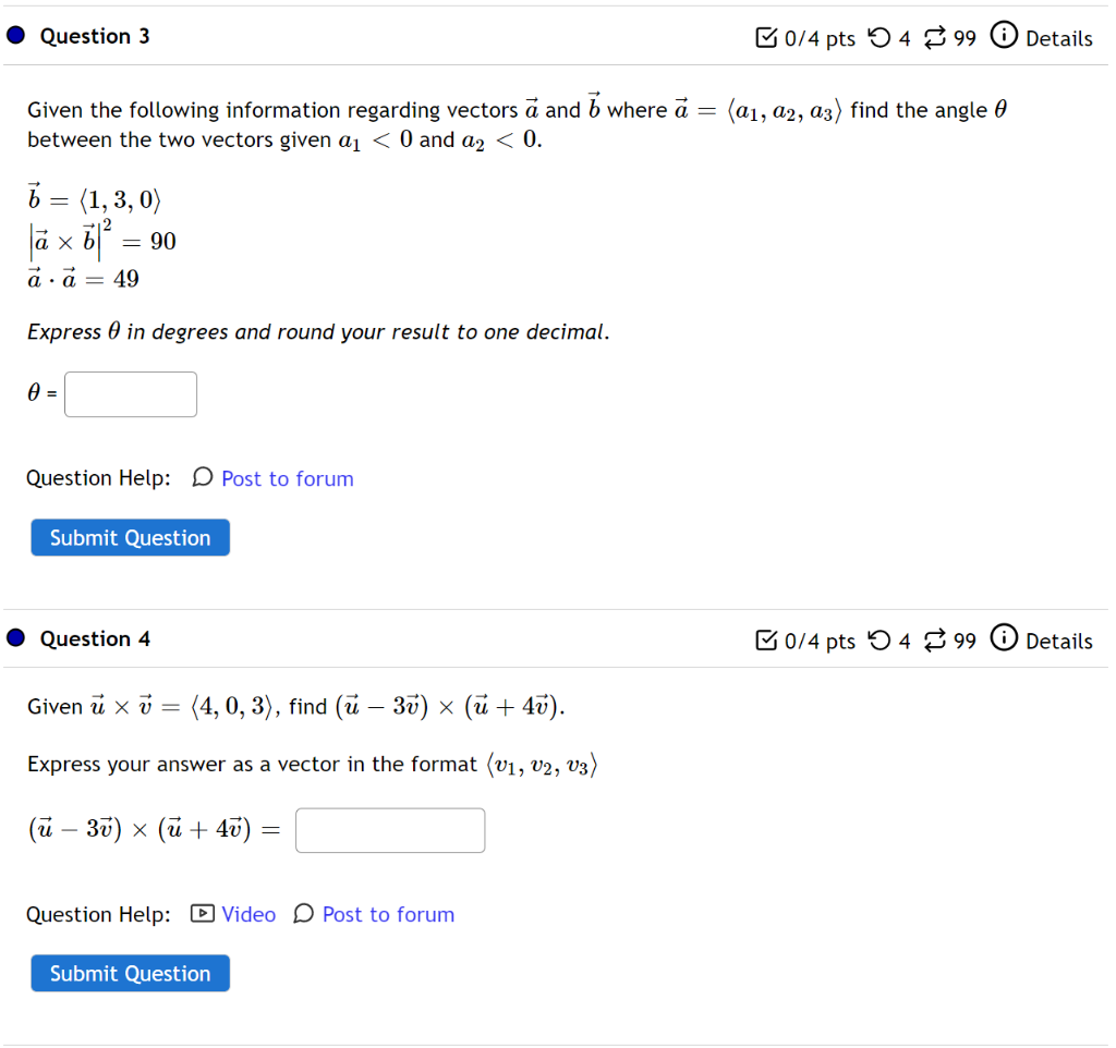 Solved Question 3 50/4 pts 4 99 Details Given the following | Chegg.com