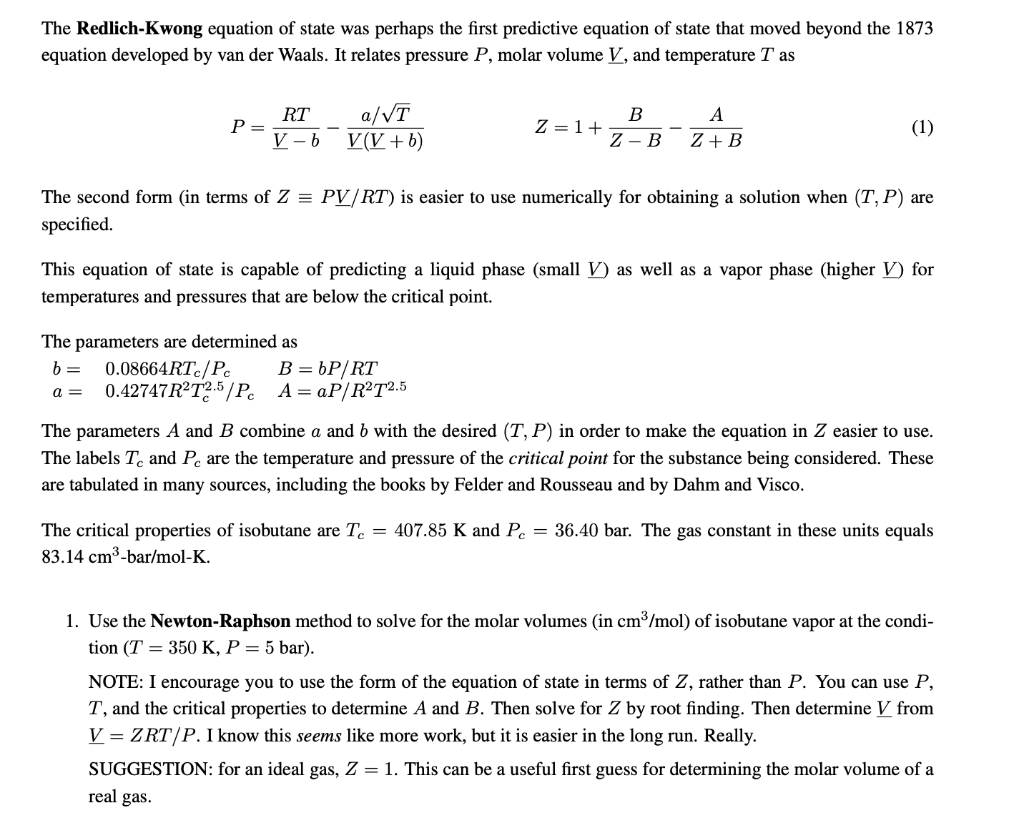 Solved The Redlich-Kwong Equation Of State Was Perhaps The | Chegg.com