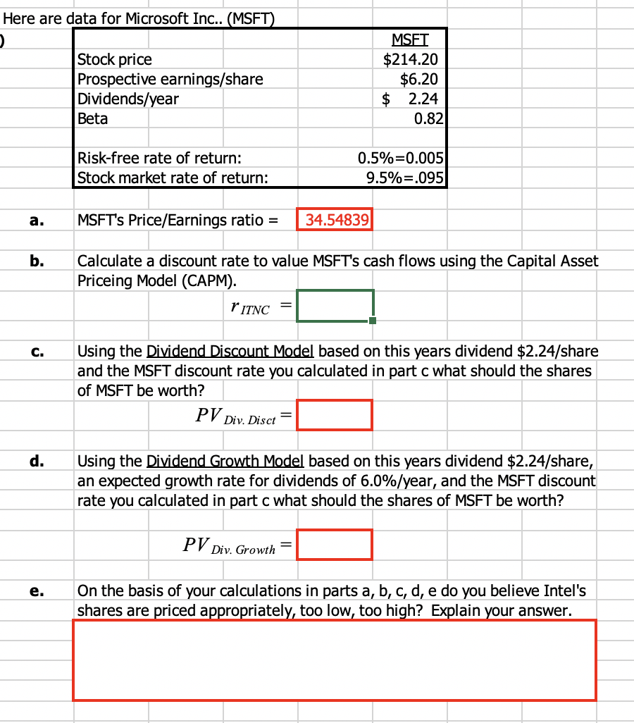 Solved Here are data for Microsoft Inc.. (MSFT) Stock price | Chegg.com
