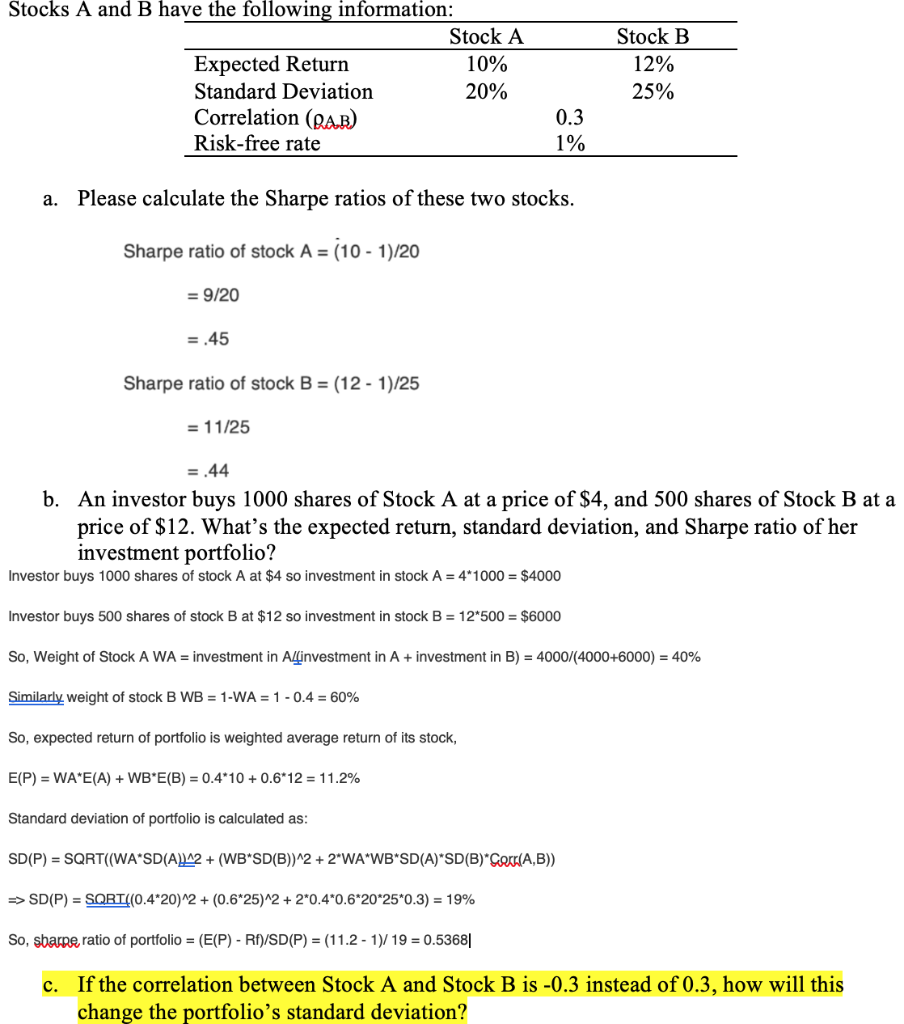 Solved Stocks A And B Have The Following Information: Stock | Chegg.com