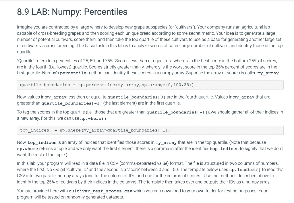 8.9 LAB: Numpy: Percentiles Imagine you are | Chegg.com