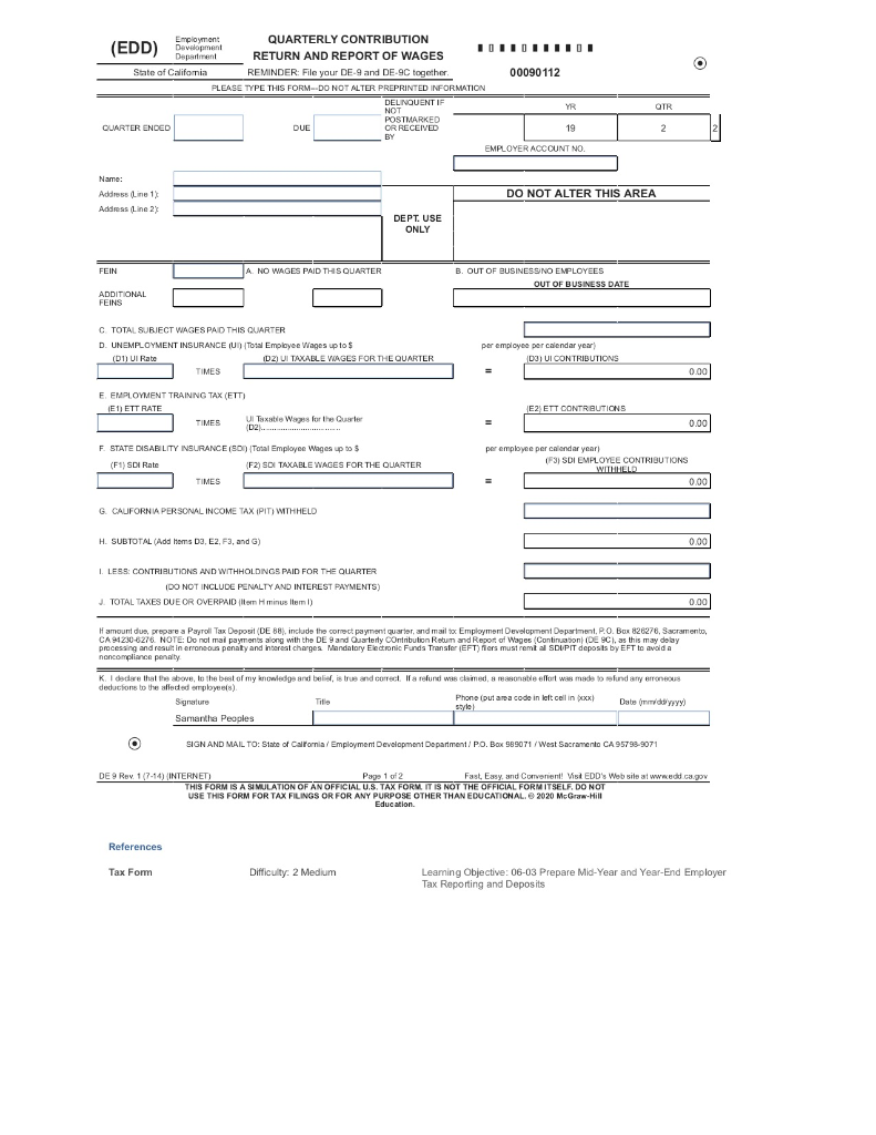 Help filling out State of California Form DE9,