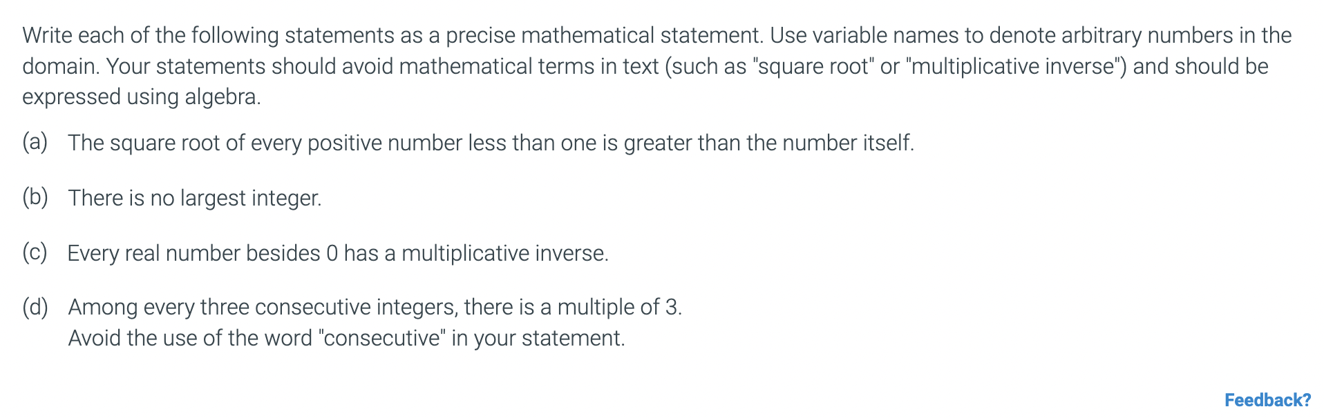Solved Write each of the following statements as a precise | Chegg.com