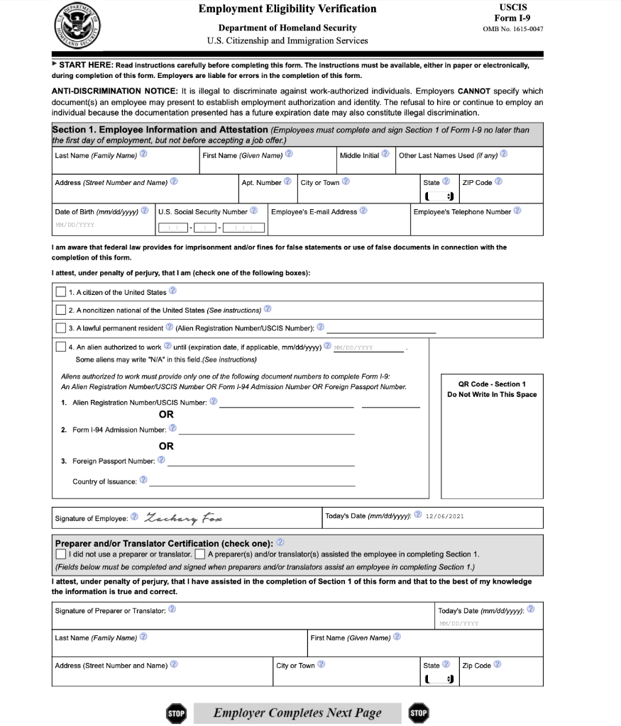 Complete the 19 Form for Zachary Fox (SSN