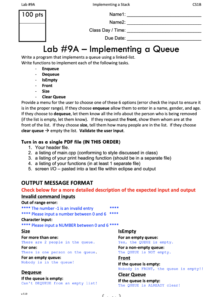 Solved Lab #9A Implementing a Stack CS1B 100 pts Name1: | Chegg.com