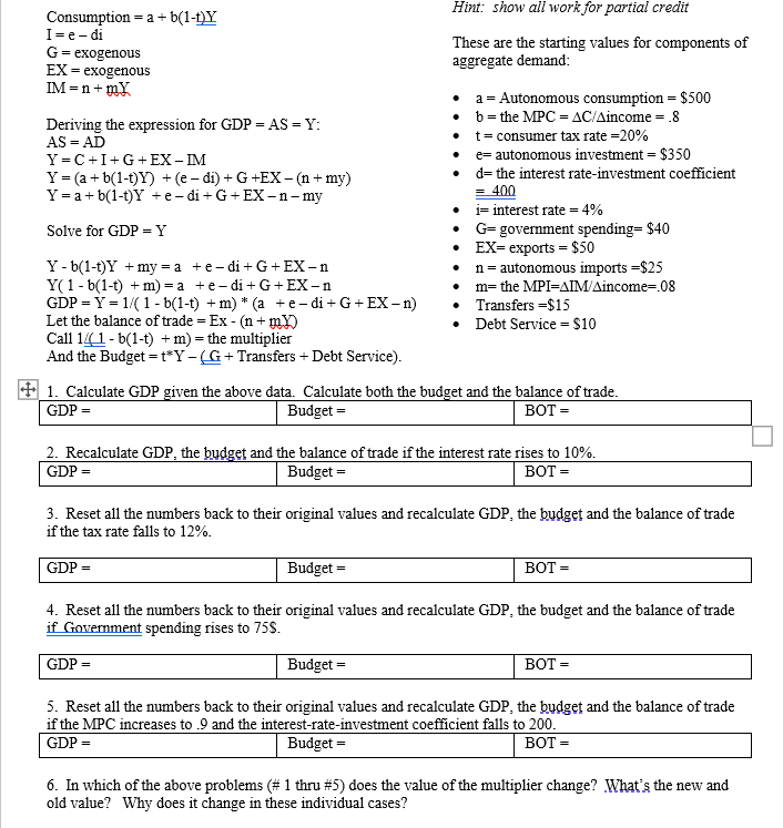 Consumption A B 1 1 Y Hint Show All Work For Chegg Com