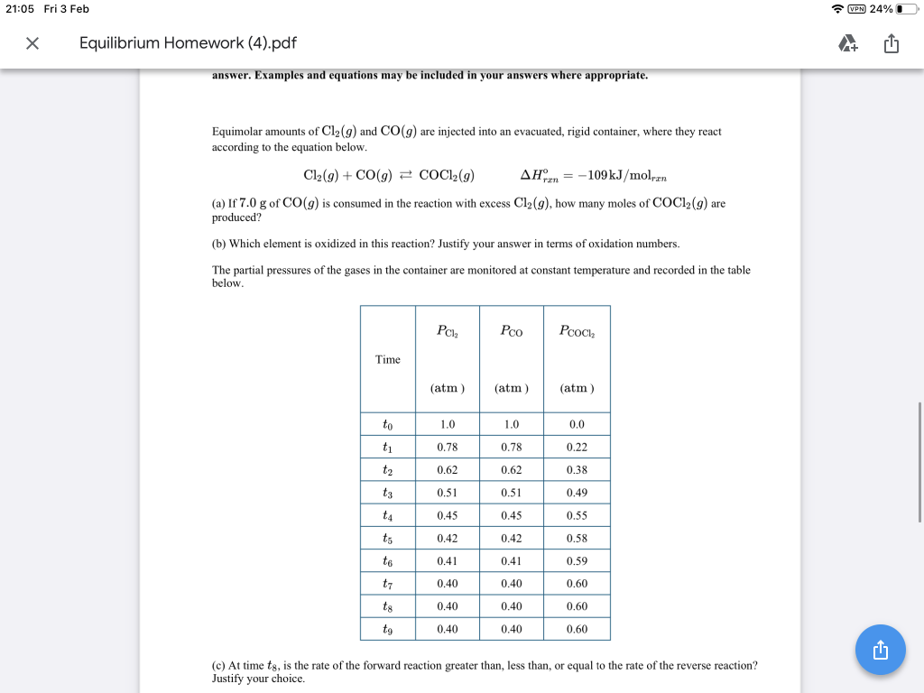 Solved Equimolar Amounts Of Cl2 G And Co G Are Injected