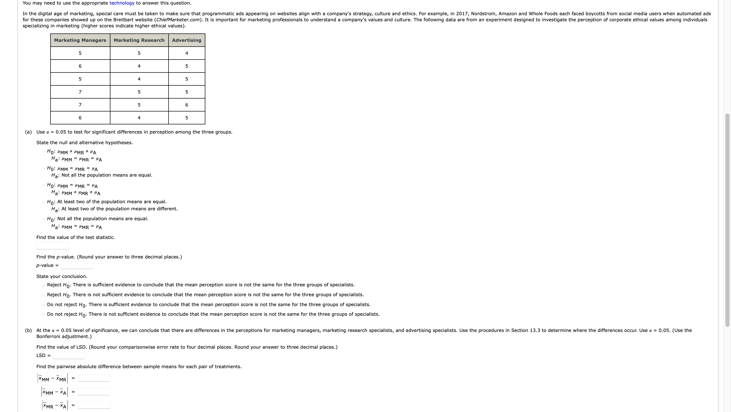 Solved (a) Use α=0.05 to test for significant differences in | Chegg.com