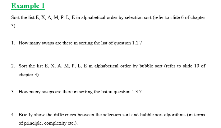 Solved Example 1 Sort the list E, X, A, M.P.L. E in | Chegg.com