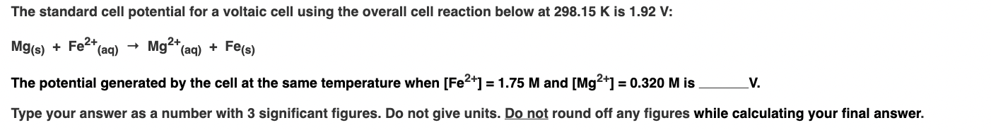 Solved The standard cell potential for a voltaic cell using | Chegg.com