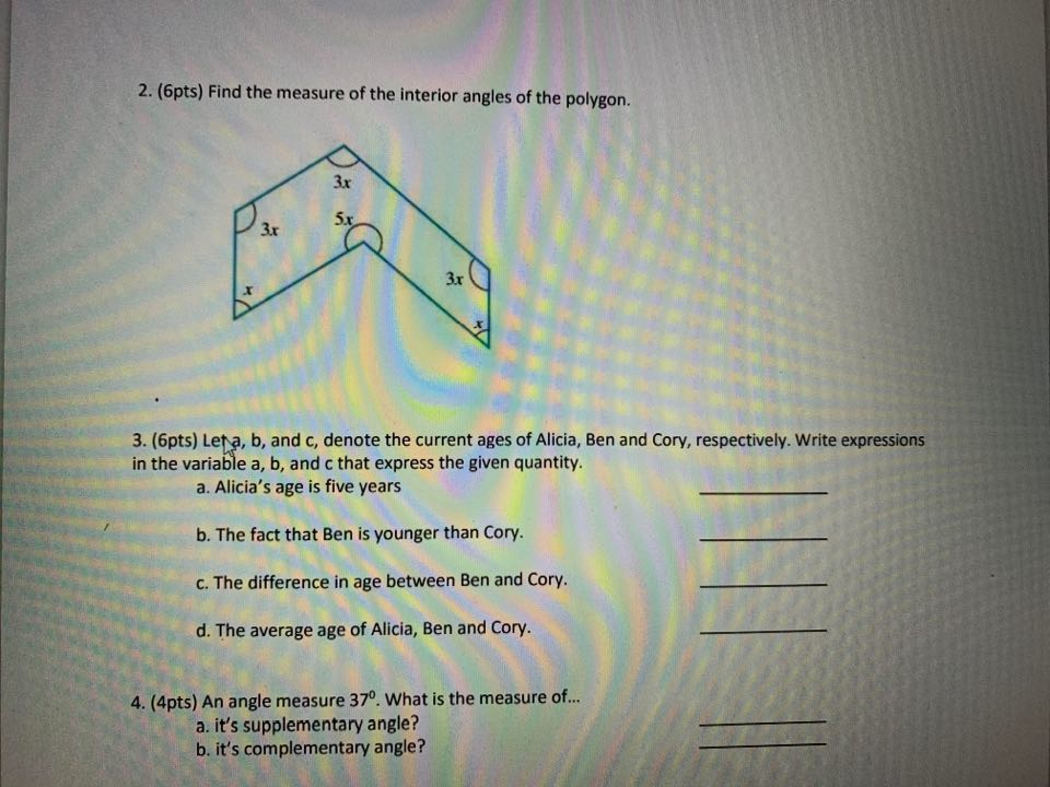 Solved 2. (6pts) Find the measure of the interior angles of | Chegg.com
