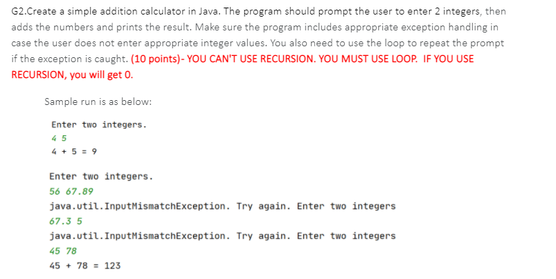 Solved G2.Create a simple addition calculator in Java. The | Chegg.com