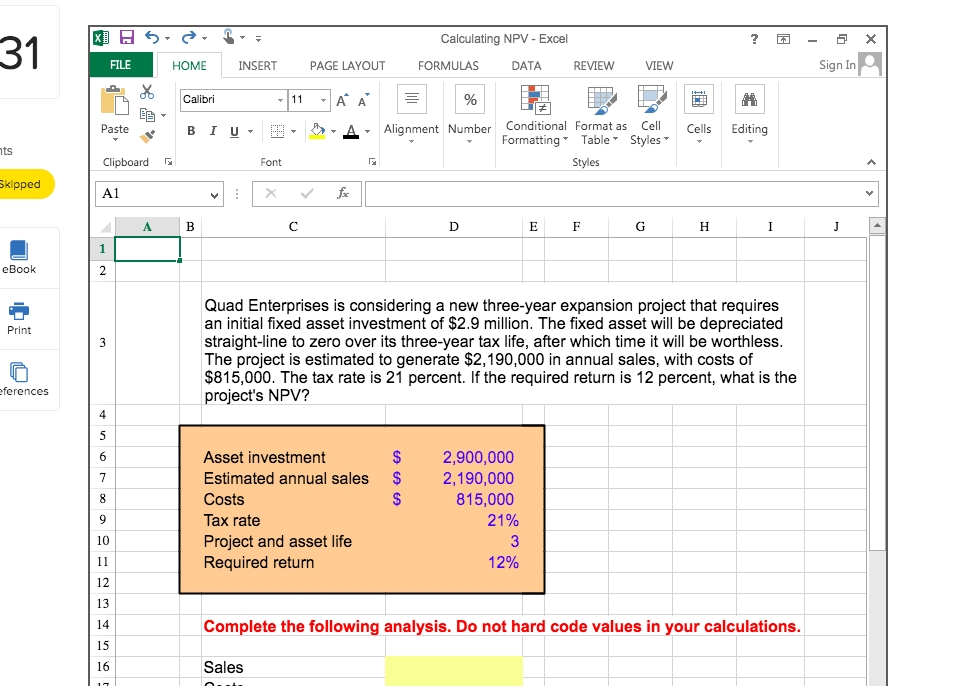 Solved X 31 Calculating Npv Excel Formulas Data Revie Chegg Com