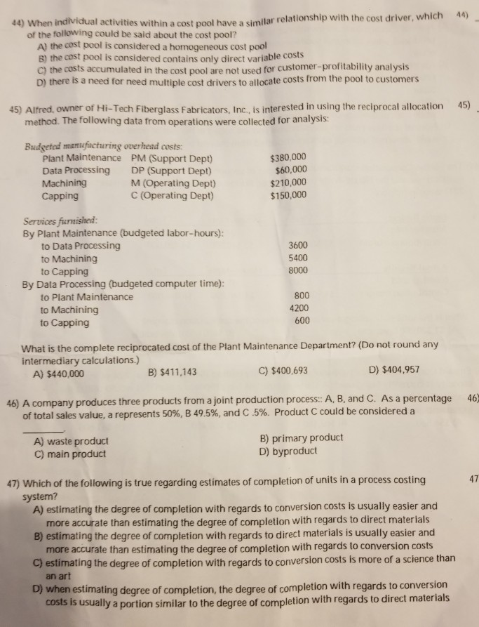 Solved ivities within a cost pool have a simlar relationship