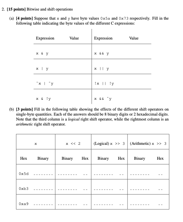 Solved 2. [15 Points] Bitwise And Shift Operations (a) [4 | Chegg.com