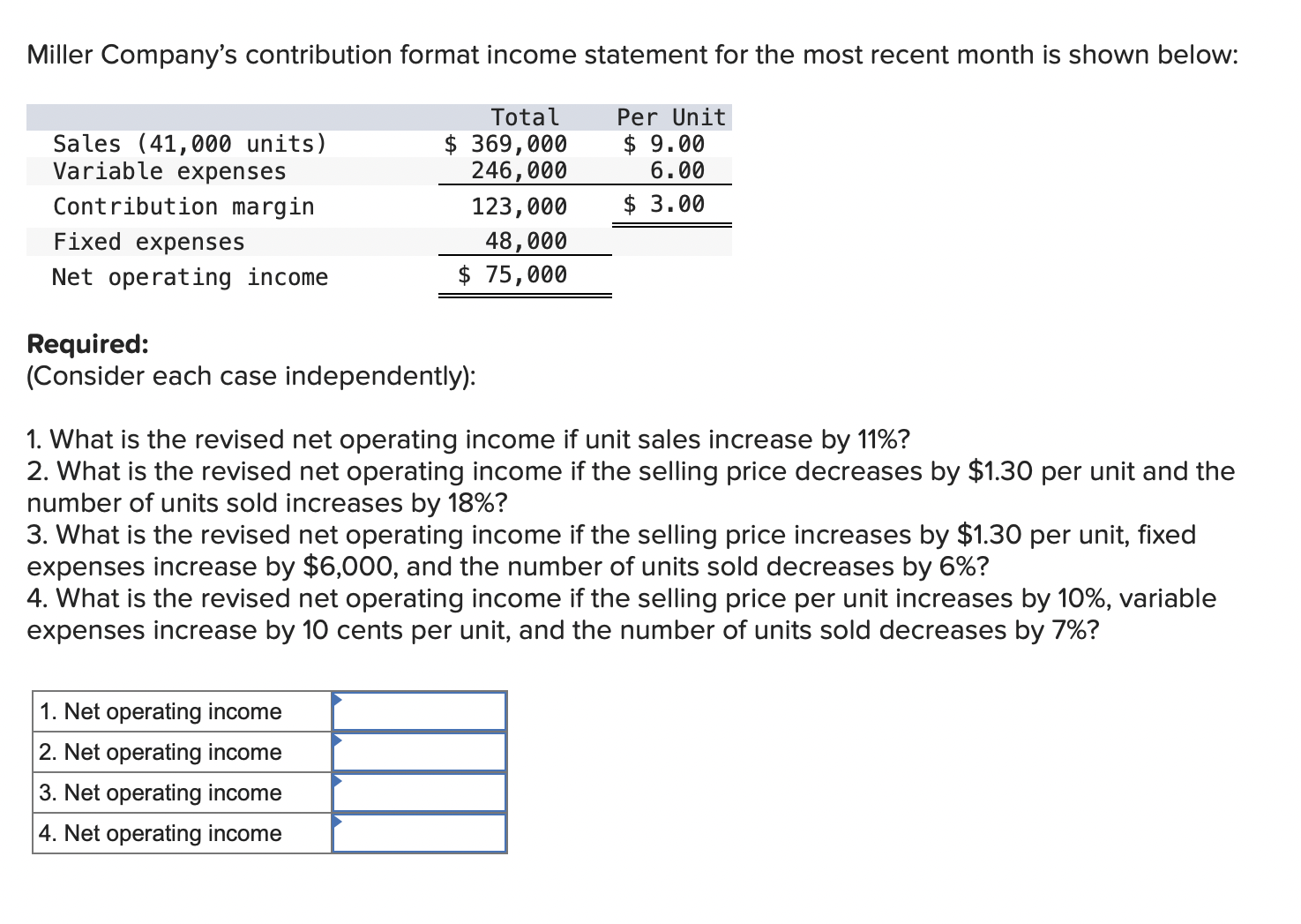 Miller Companys Contribution Format Income Statement