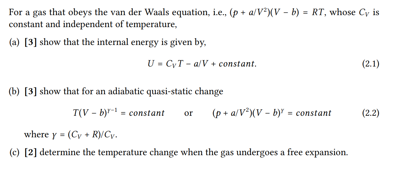 Solved For a gas that obeys the van der Waals equation, | Chegg.com