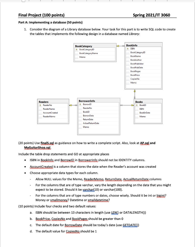 Solved Final Project (100 points) Spring 2021/IT 3060 Part | Chegg.com