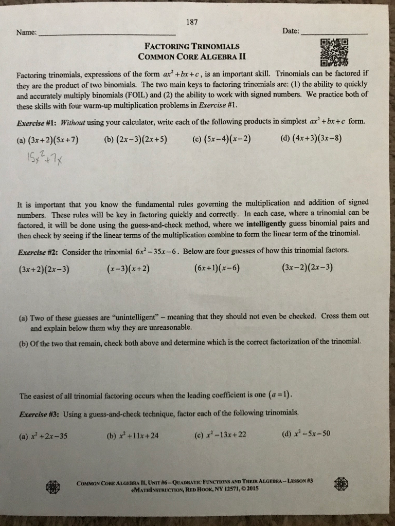 factoring common core algebra 2 homework answers