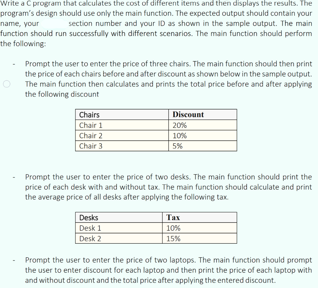 Solved Write a C program that calculates the cost of | Chegg.com