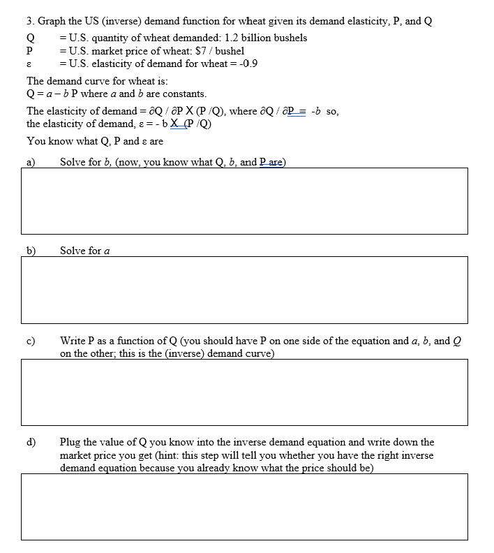 Solved E 3. Graph the US inverse) demand function for wheat