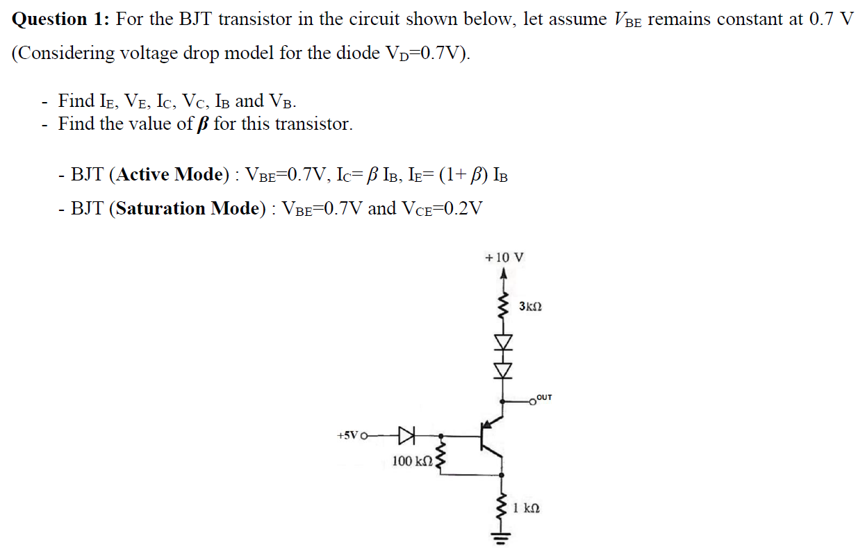 Solved Question 1 For the BJT transistor in the circuit Circuit Diagram