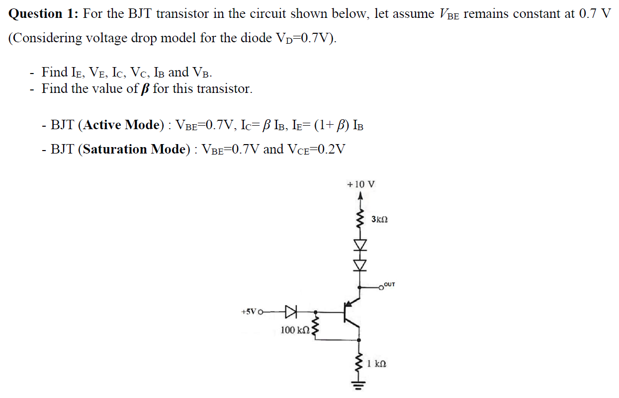 Solved Question 1: For The BJT Transistor In The Circuit | Chegg.com