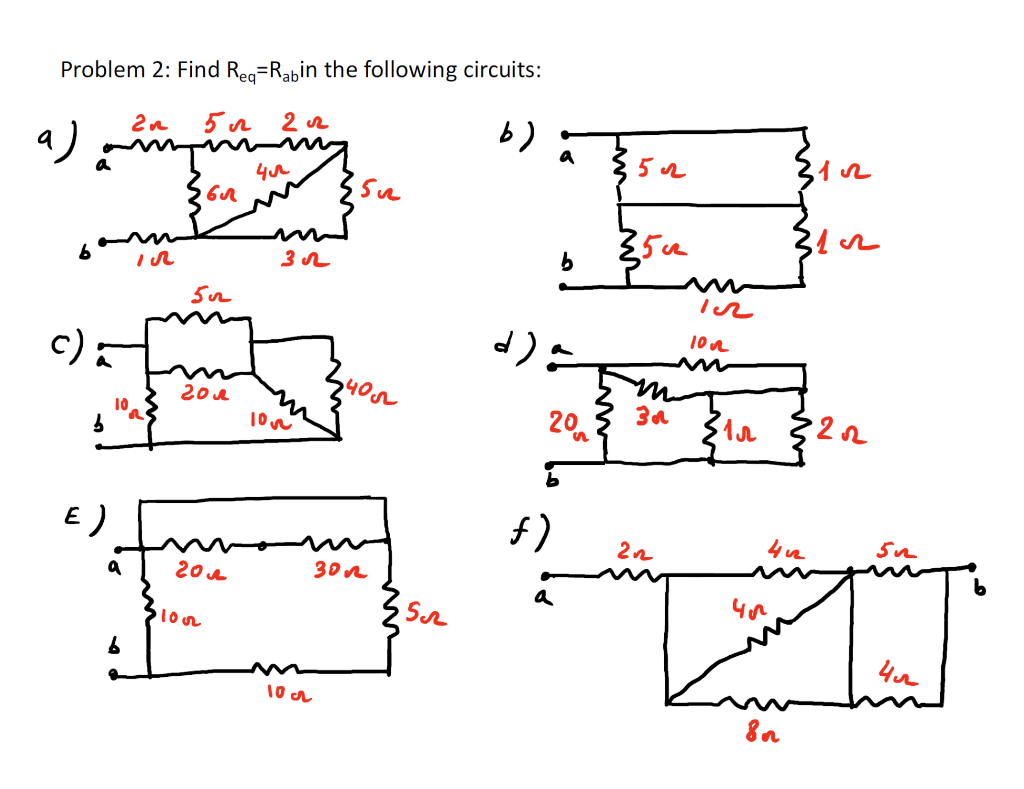 Problem 2: Find \( \mathrm{R}_{\mathrm{eq}}=\mathrm{R}_{\mathrm{ab}} \) in the following circuits:
b.