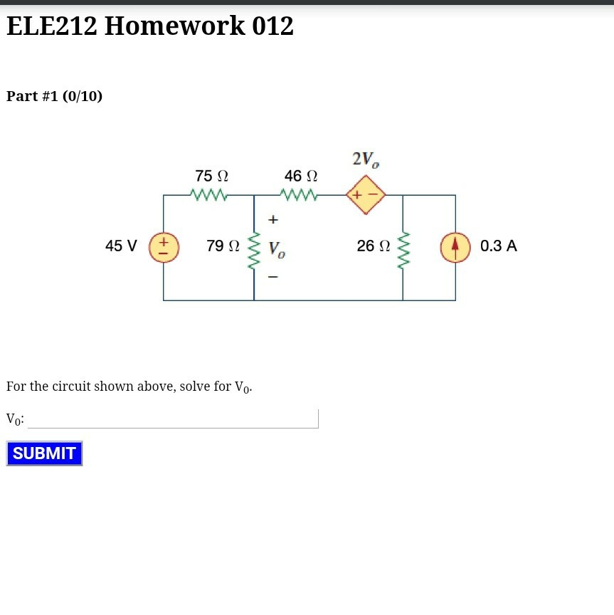 Solved ELE212 Homework 012 Part #1 (0/10) 75 12 460 2V w 45
