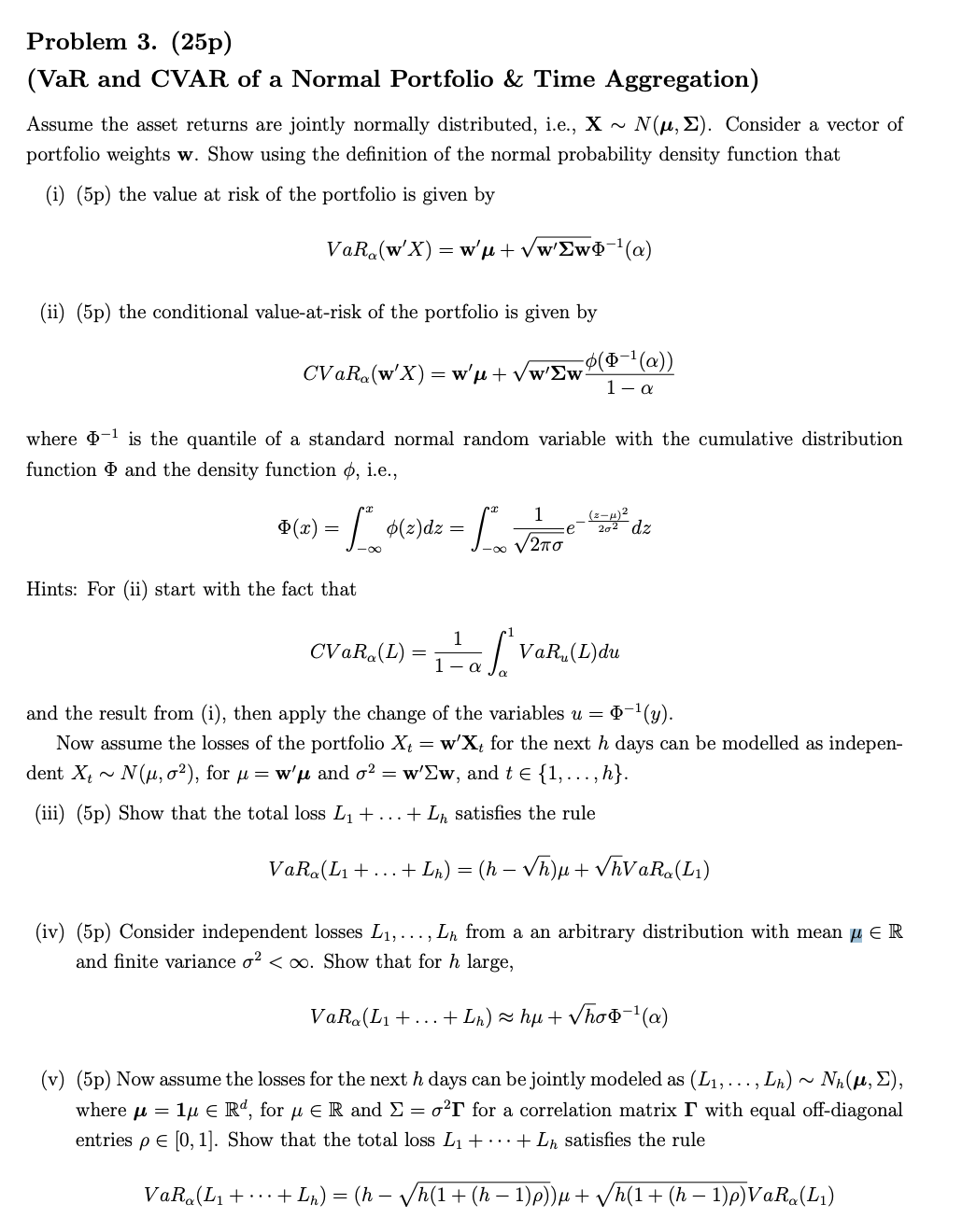 Var Ci Problems Solved Problem 3. (25p)(VaR and CVAR of a Normal Portfolio & | Chegg.com