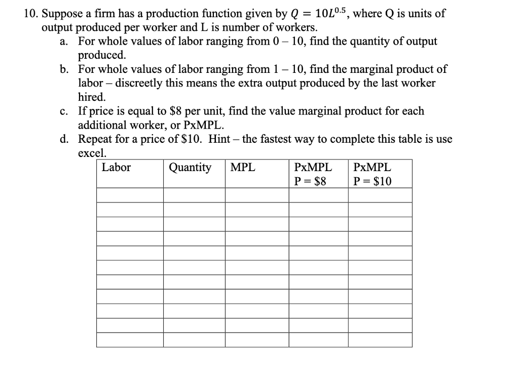 Solved a. 10. Suppose a firm has a production function given | Chegg.com