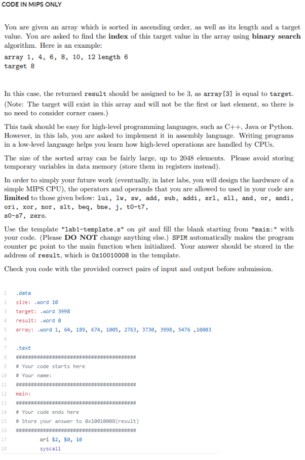 CODE IN MIPS ONLY You are given an array which is | Chegg.com